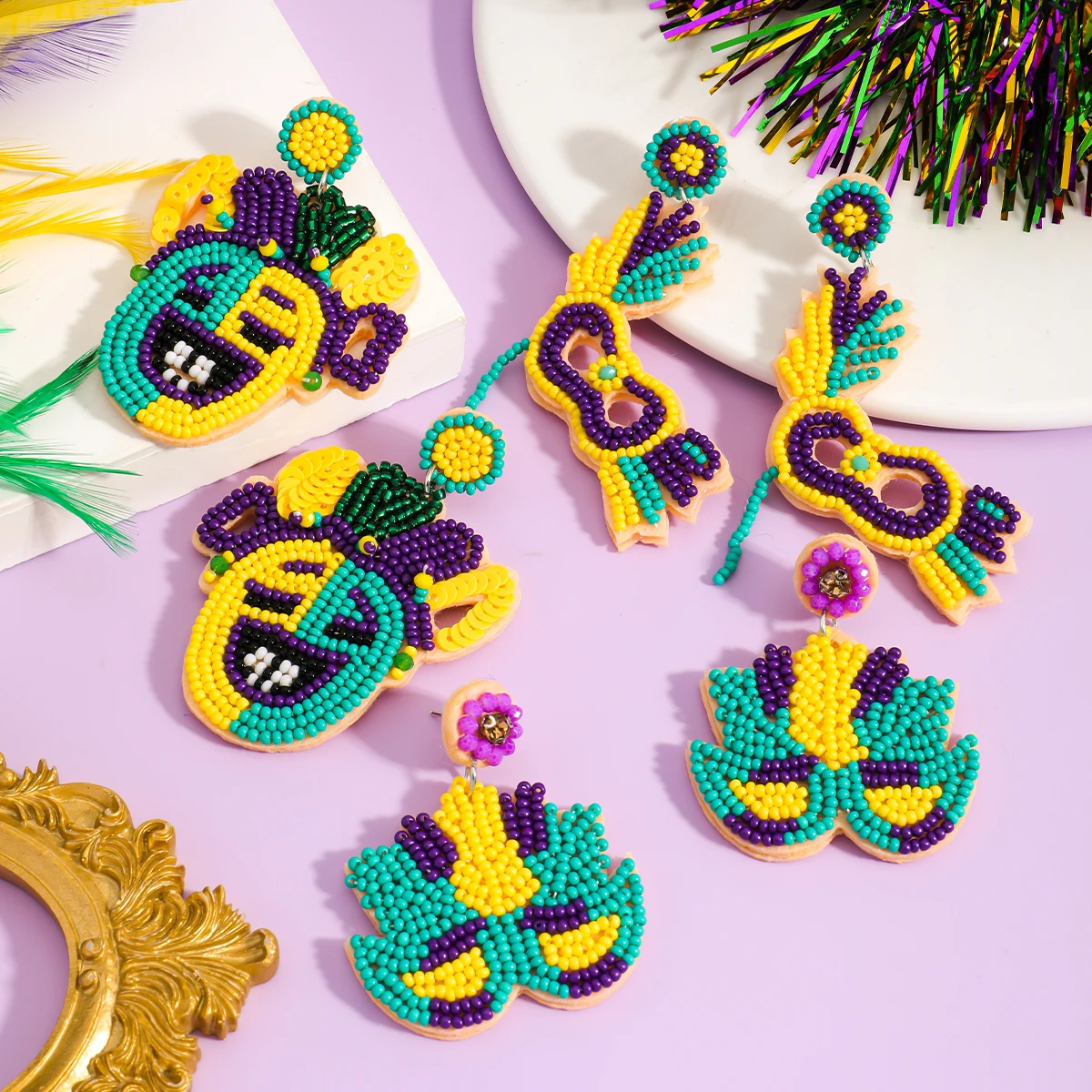 

European and American Carnival Purple Green Mask Joker Earrings Handmade Rice Beads Bohemian Style Jewelry Ear Accessories