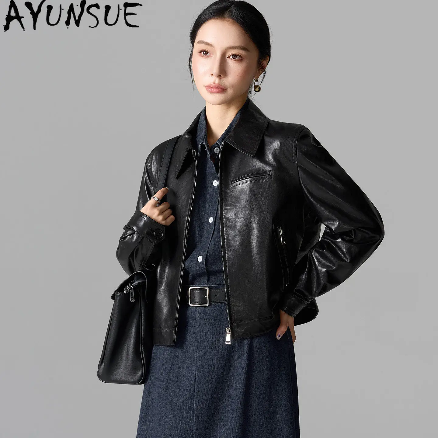AYUNSUE Natural Real Leather Jacket Women Autumn Clothes Elegant Coat Oil Wax Genuine Sheepskin Coats Woman Slim Косуха Женская