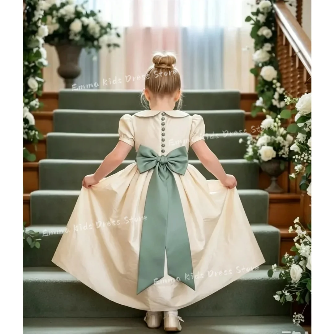 Custom Champagne Flower Girl Dress Peter Pan Collar Short Sleeve Satin Sash Long Gown for Wedding Communion Girls