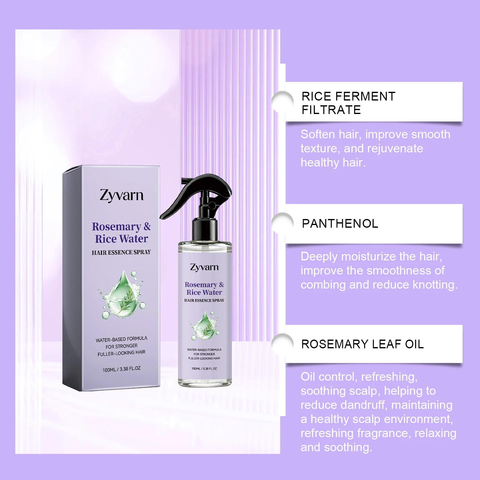 Rosmarin-Reiswasser Haarspray Volumenverstärkend Glättend Leave-In Pflege Ölkontrolle Erfrischende Kopfhaut-Essenz für Feines Haar 100ml – Detail 3
