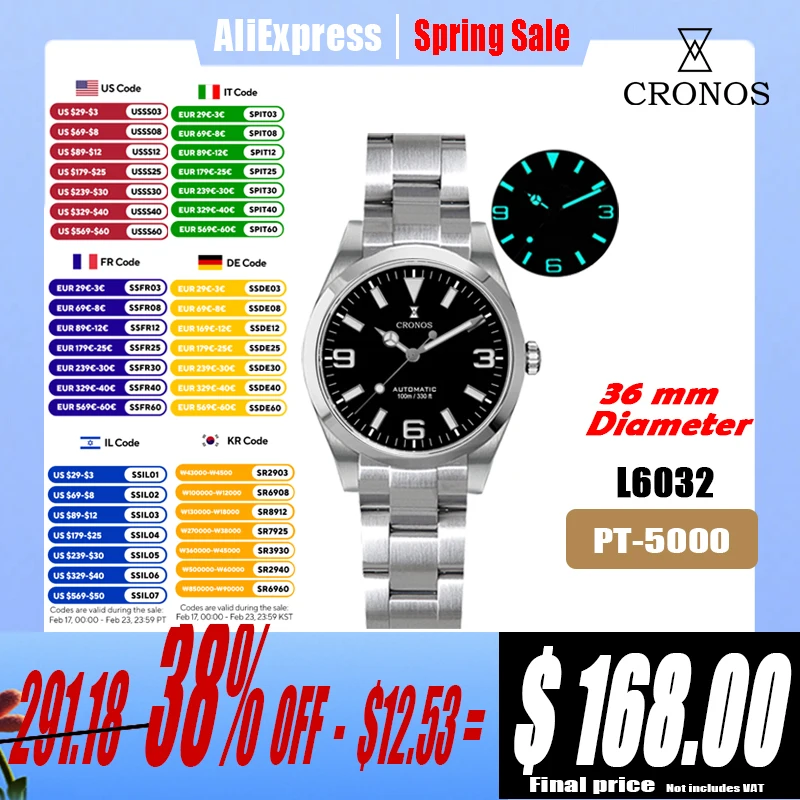 Cronos EX Mechanical Men Watch 36mm PT5000 SW200 AutomaticSapphire Glass Bushed Bracelet 10ATM L6032