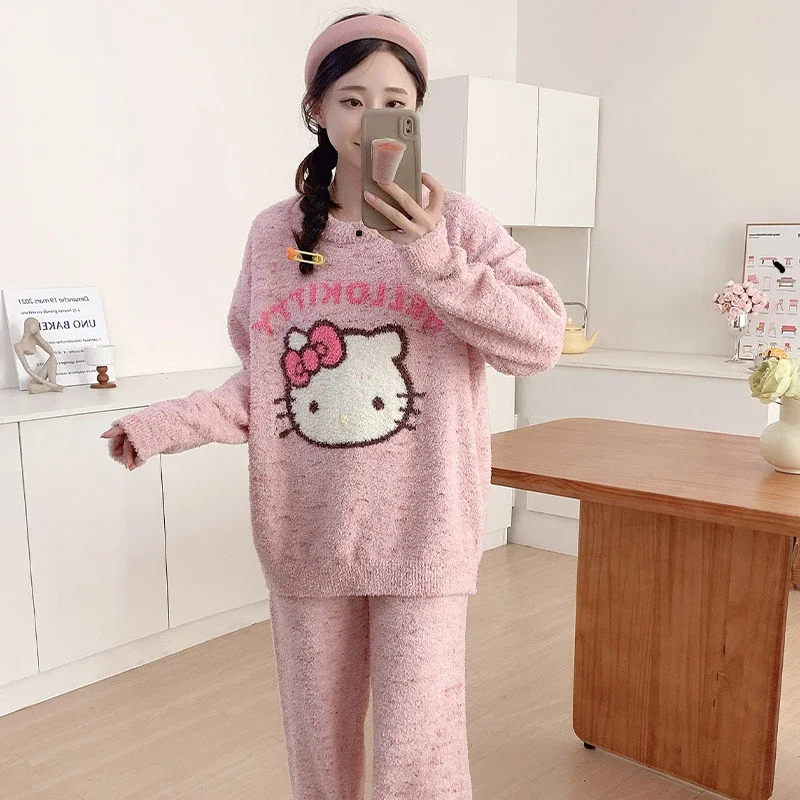 Olá kitty dos desenhos animados pijamas inverno camisola de malha conjunto de duas peças sanrio algodão olá kitty loungewear pijamas femininos