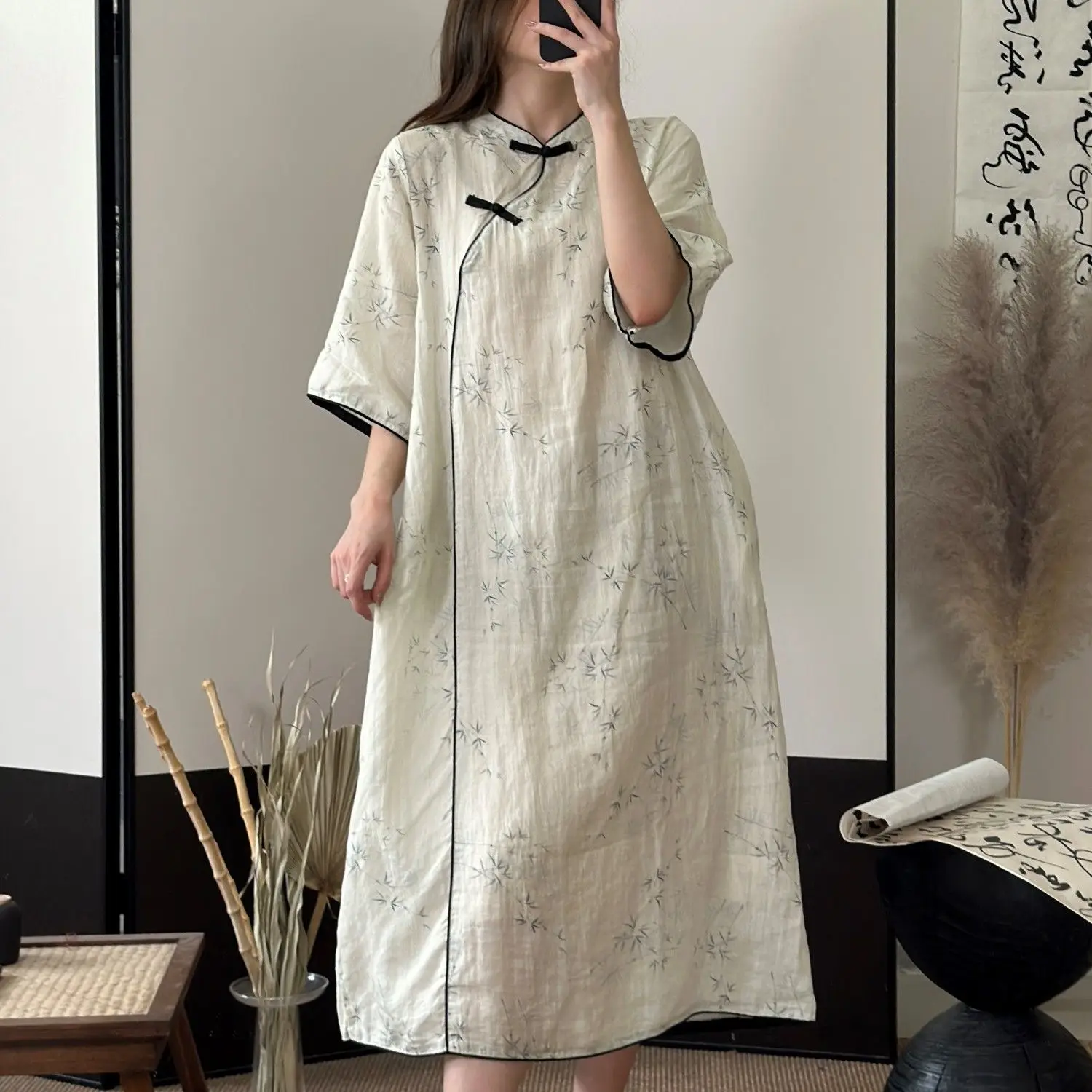 

2025 new chinese-style improved cheongsam summer cotton and linen half sleeve stand collar printed elegant loosee qipao dress