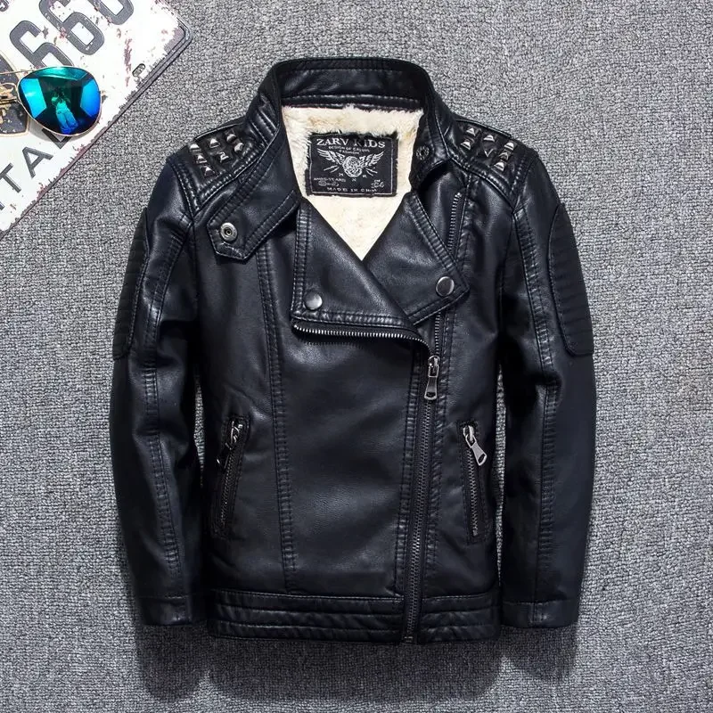 Winter Children GENUINE PU Leather Jacket Zipper Boy'S Rivets Fashion Kids Spring Jacket Clothes Solid Outerwear Coats 2-14Y