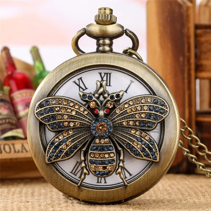 Antique Style Hollow Out Bee Cover Roman Number Quartz Analog Pocket Watch for Men Women Necklace Pendant Chain Clock Timepiece