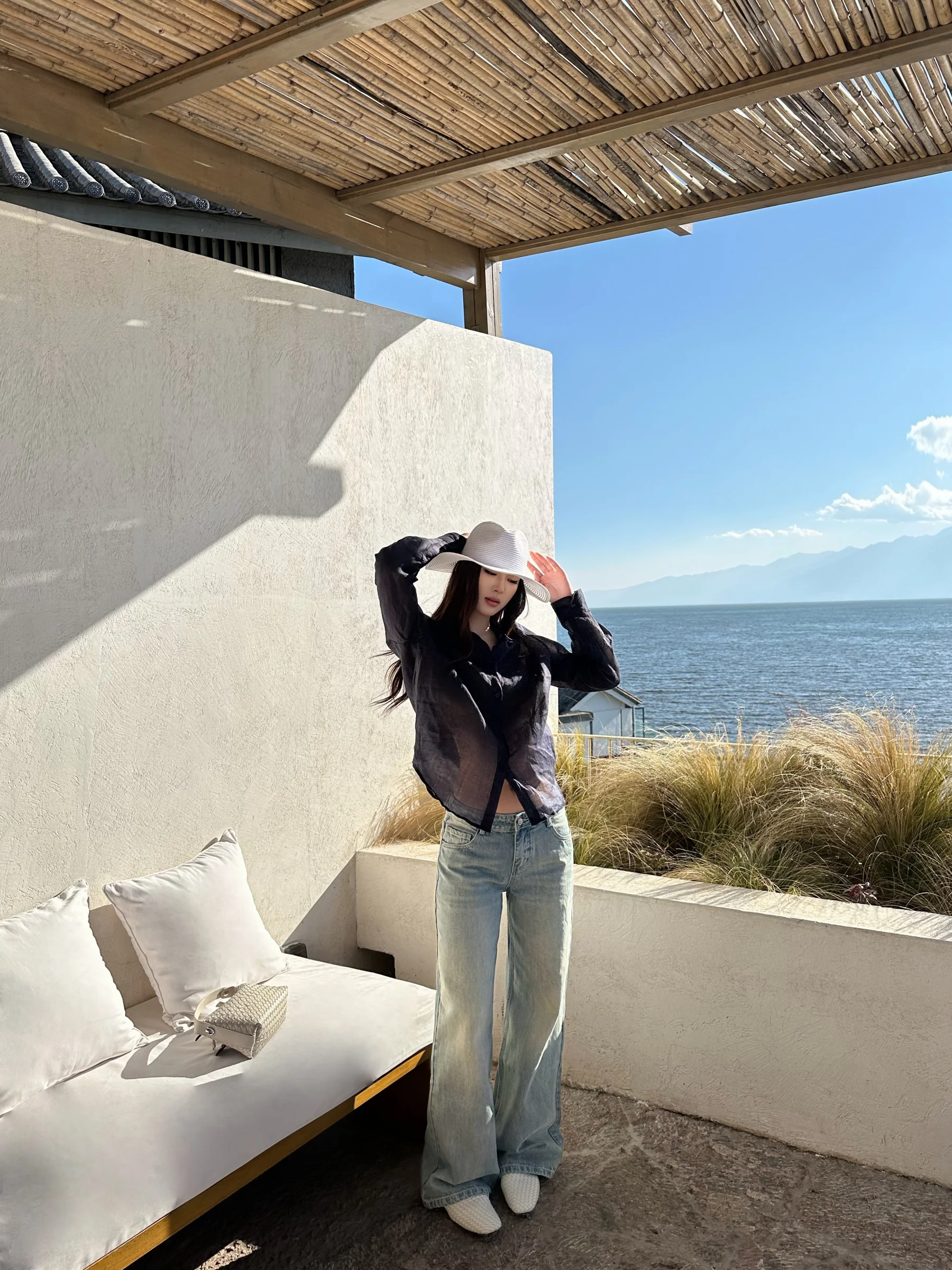 

5werkwen Low Waist Straight Leg Jeans Washed Blue Spring Special Green Tone Slimming Vintage Women's Denim Pants