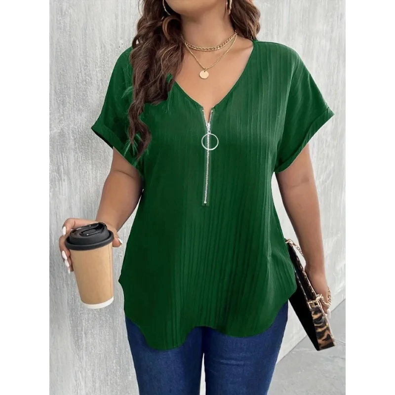 Plus Size 1XL-8XL Women\'s Casual Simple Solid Color T-shirt Tops Ladies Fashionable V-neck Short Sleeved Zippered T-shirt