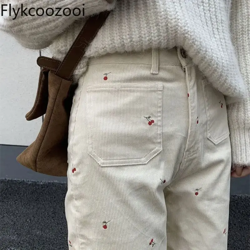 

Pantalones De Mujer Retro Lazy Style Korean Style Cherry Embroidered Corduroy Pocket Straight Casual Trousers for Trendy Women