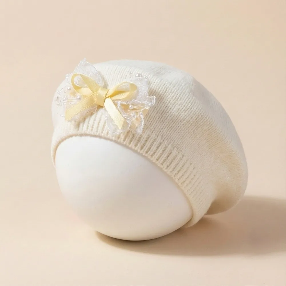 New Red Color Chirldren's Knit Cap Soft Fabric Lace Bow Decor Knitted Beret Warm Lining Kid Headwear Outdoor Wear