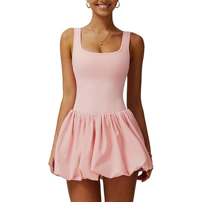 

Aiithuug Sports Womens Bubble Tennis Dress Squre Neck Sleeveless Workout Golf Athletic Dresses Build in Shorts with Pockets