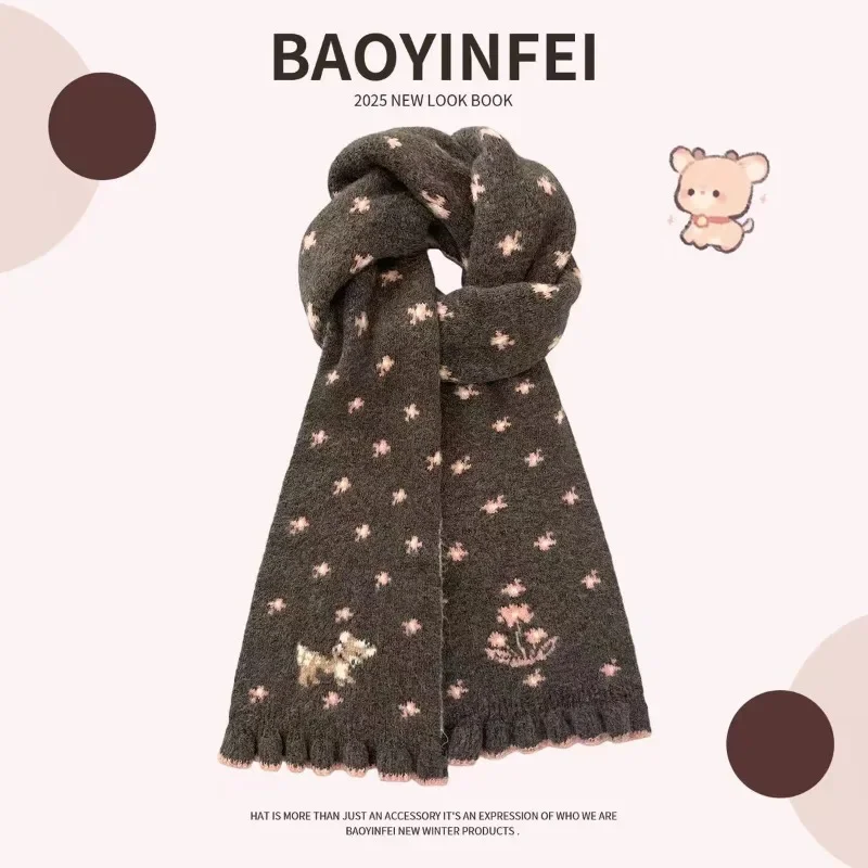 Pink Coffee Deer Print Double Sided Knitted Scarf for Women Thick Warm Neck Wrap Protective Winter Fashion Accessory