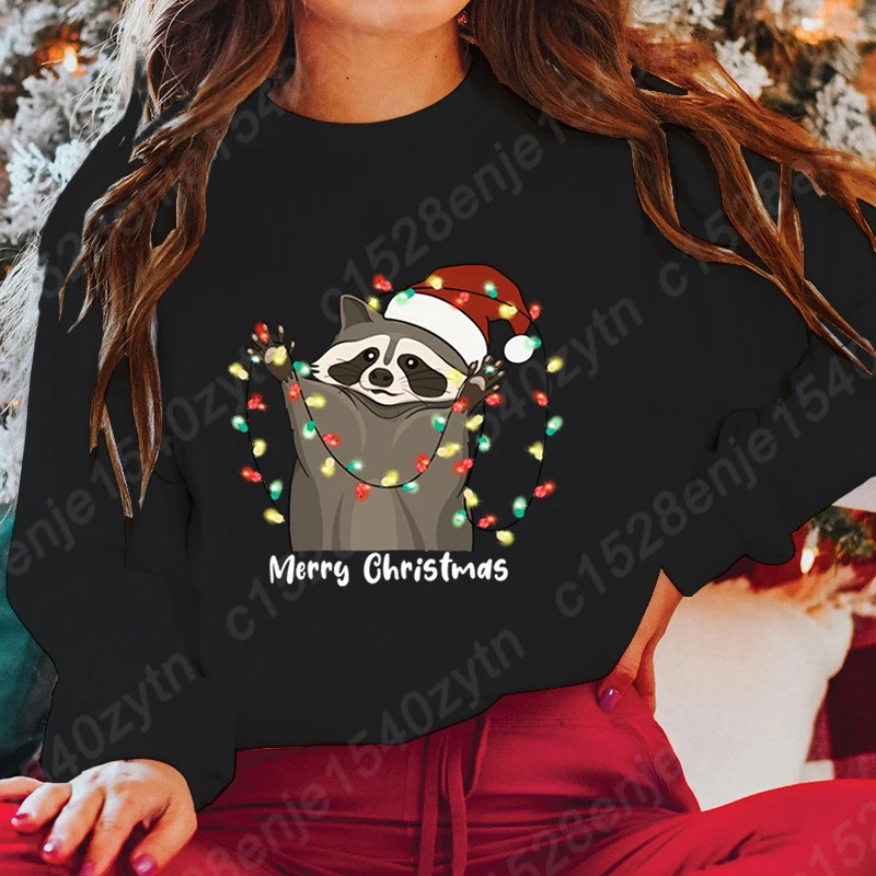 Christmas Light Racoon Merry Christmas Print Pullovers Women Autumn Winter Tops Ladies Creative Personalized Hoodless Sweatshirt