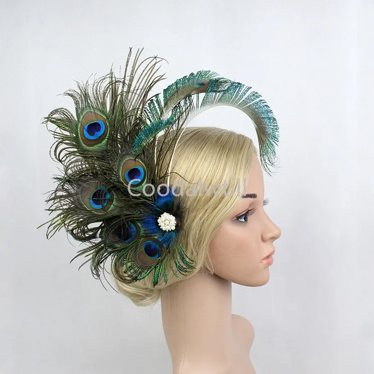 1920s Peacock Feather Fascinator Headband Clothing Hairpin Head Trim Side Clip Performance Party Event Accessories Bride