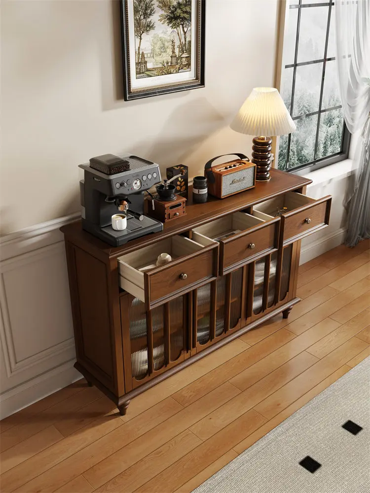 American medieval solid wood dining side cabinet tea  2025 new living room wall storage retro coffee