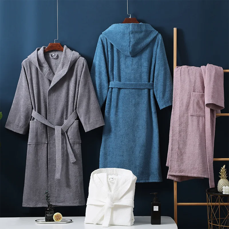 

Casual Warm Homewear elegant kimono Long robe Toweling Terry Hooded Cotton Robe Absorb Water and Dry Quickly Couple Top Quality