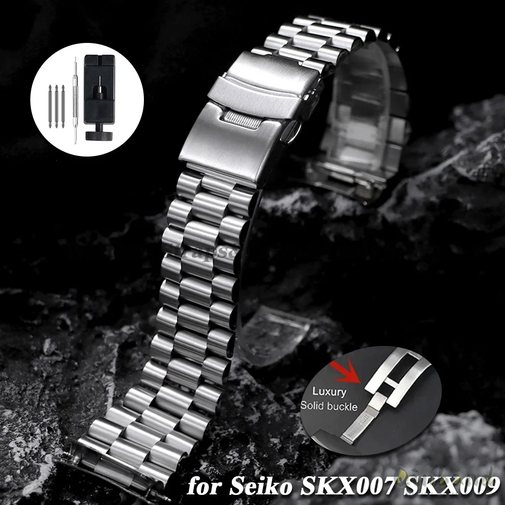 Bracelet incurvé de luxe pour Seiko SKX007 SKX009, bracelet de montre en acier inoxydable solide, trois perles, extrémité d'arc de 20mm 22mm, accessoires de montre pour hommes