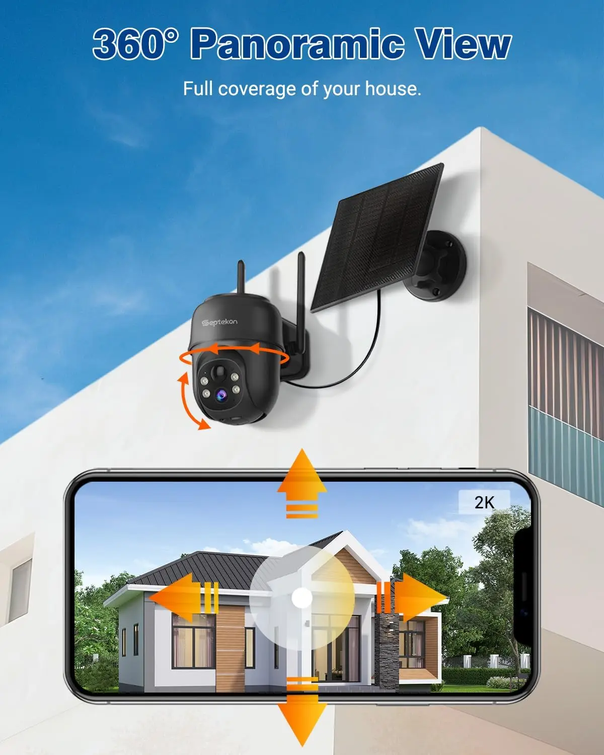 2K Solar Wireless Outdoor Security Cameras 2 Pack, 360° PTZ Battery-Powered, 2.4G WiFi Spotlight Color Night Vision, Motion Sensor Alarm, IP66 Weatherproof, Black
