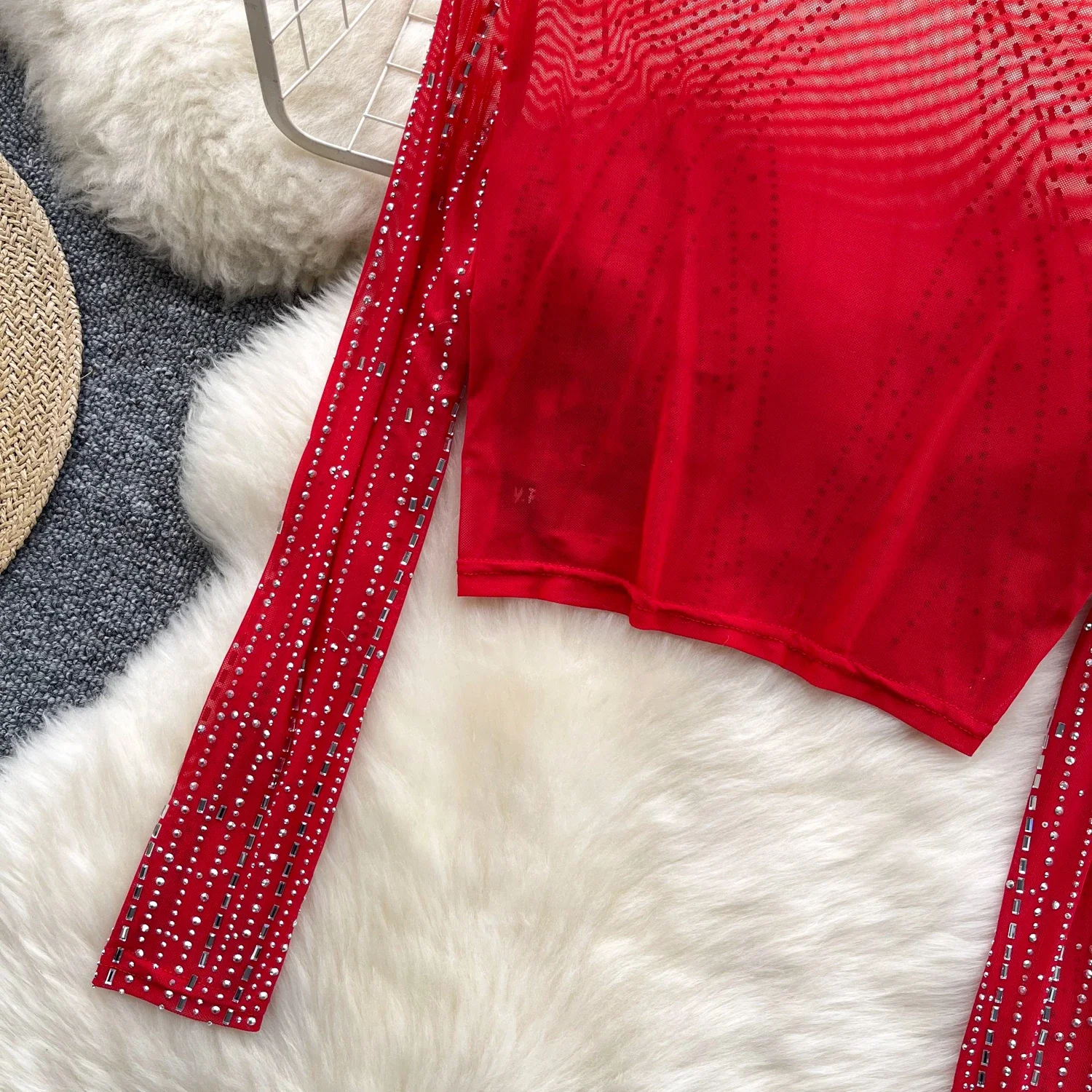 2025แฟชั่นHotsweetฤดูร้อนตาข่ายเสื้อยืดผู้หญิงครึ่งเปิดคอเพชรSheer Slimเซ็กซี่StreetwearบางCrop Tops