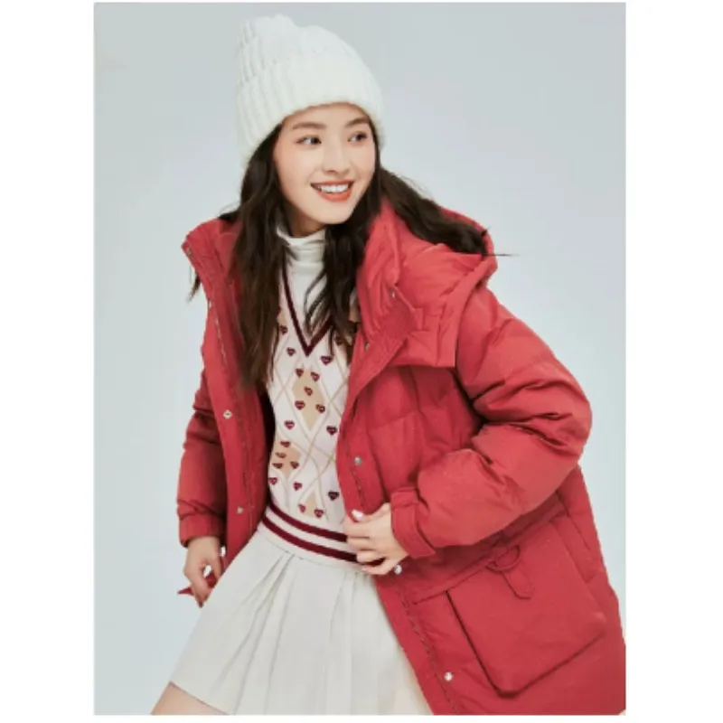 Winter New Red Hooded Slim - Length Female Down Jacket