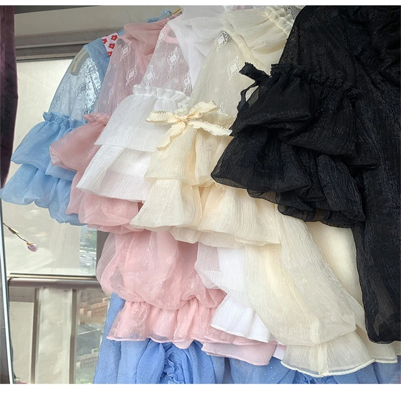 Kawaii Lolita Fashion Underwear Blouse For Woman Clothes Victorian Lace Puff Sleeve Chiffon Shirt Ruffles Sweet Girl Inside Tops