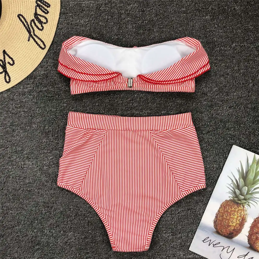 Gestreifter Bandeau-Bikini mit Rüschen, Damen-Badeanzug, hochtailliert, zweiteiliger Bikini, Badebekleidung, Badeanzug, Modell V1183. – Detail 25