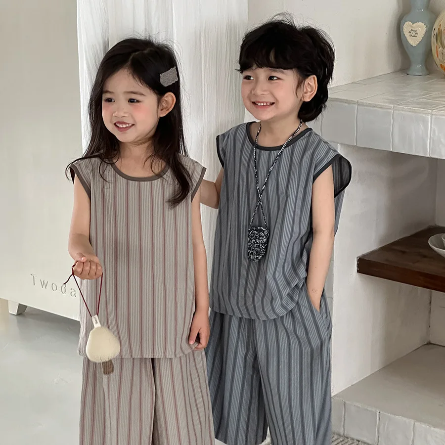 Children Clothes Set 2026 Summer New Vertical Vest Top Loose Pants Boys and Girls Fashion Kids Simple Two-piece Set