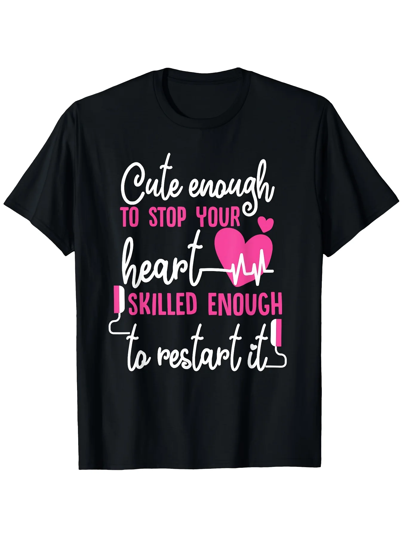 Adorably Heart-Warming Emt T-Shirt - 180g Soft Pure Cotton, Black Base with Pink Heartbeat Pattern, Ideal Choice for Professionals, Perfect Gift for Halloween, Thanksgiving, and Christmas, Soft Breathable Fabric, Machine Washable, Comfortable to Wear All Year Round, Anime-Themed T-Shirt, Comfortable Clothing, Cartoon Character Design, Medium Elasticity Design, Special Labor Day Edition