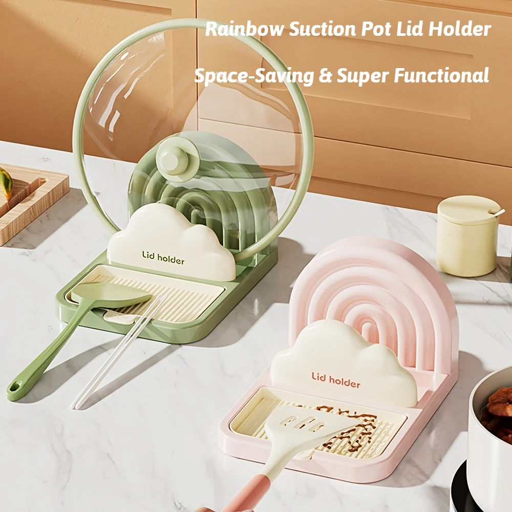 

Multifunctional Pan Pot Lid Holder with Suction Cup Stand Rack Spoon Rest Pot Lid Spatula Soup Spoon Storage Kitchen Shelf