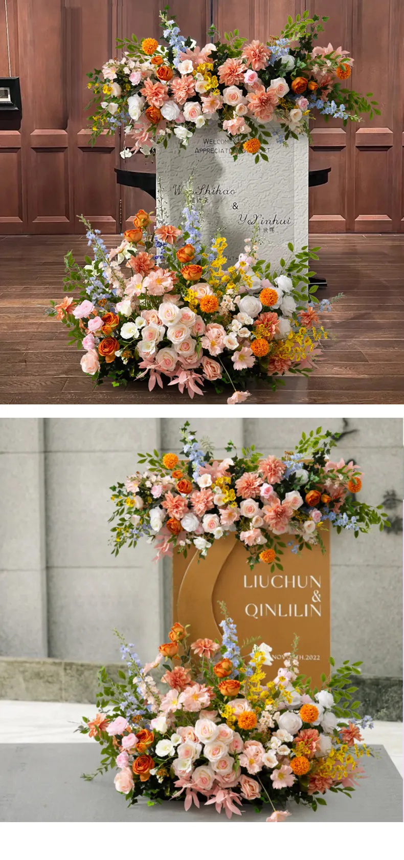 Frühlingshaftes Orange/Rosa Künstliches Hochzeitsblumen-Set Rosen-Blumenarrangement für Hintergrundständer Bühne Party Event Fotobox Dekoration – Detail 5