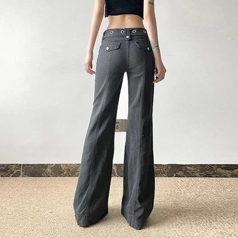 Grunge Cyber Y2K Zip Full Length Denim Trousers 90s Vintage Women Belt Low Waist Flare Pants Streetwear Slim Jeans Alt