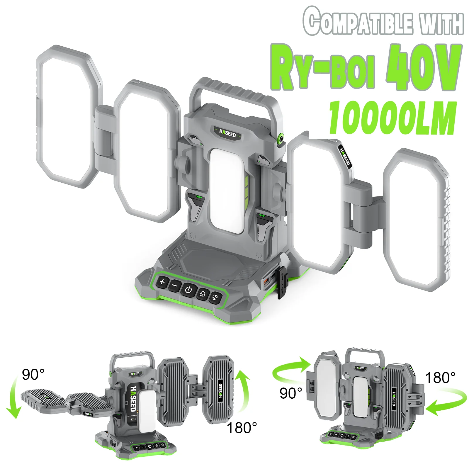 10000LM LED Work Light Compatible with Ryboi 40V, 360° Lighting, Adjustable Brightness/CCT, Battery/Type-C Powered & 2 Outputs for Construction Camping