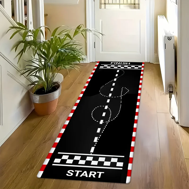 Racing Track Start Finish Line Long Runner Floor Mat, Black White Checkered Red Border Non-Slip Oil Absorbent Rug for Motorcycle