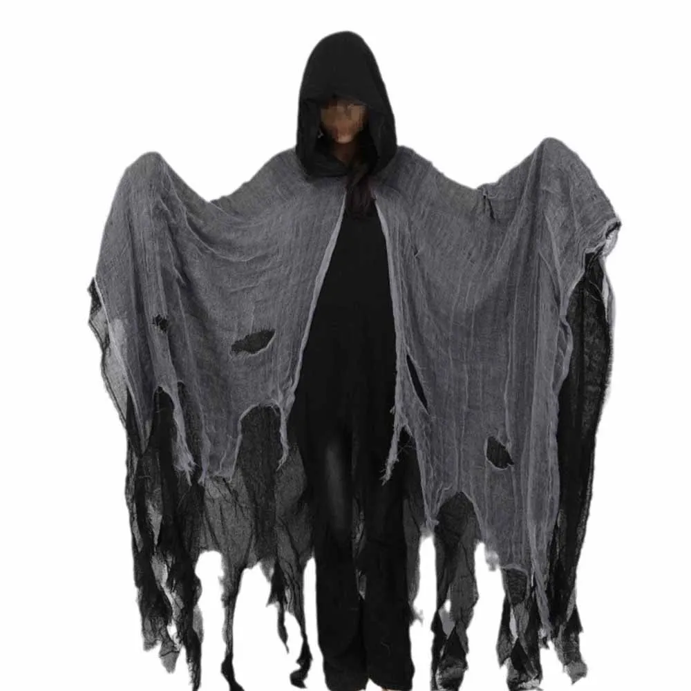 Kapuzen-Schädel-Kostümmaske, grauer zerrissener Umhang, gruselige Horror-Robe, Erwachsenen-Halloween-Cosplay, Geisterparty, Bühnenshow, Messeveranstaltungs-Outfit – Detail 3