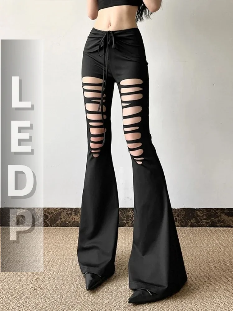 IMU Harajuku Sexy Punk Flare Pants Women Streetwear Dark Gothic Cyber Punk Y2k Grunge Emo Hollow Out Lace-up Low Waist Pants