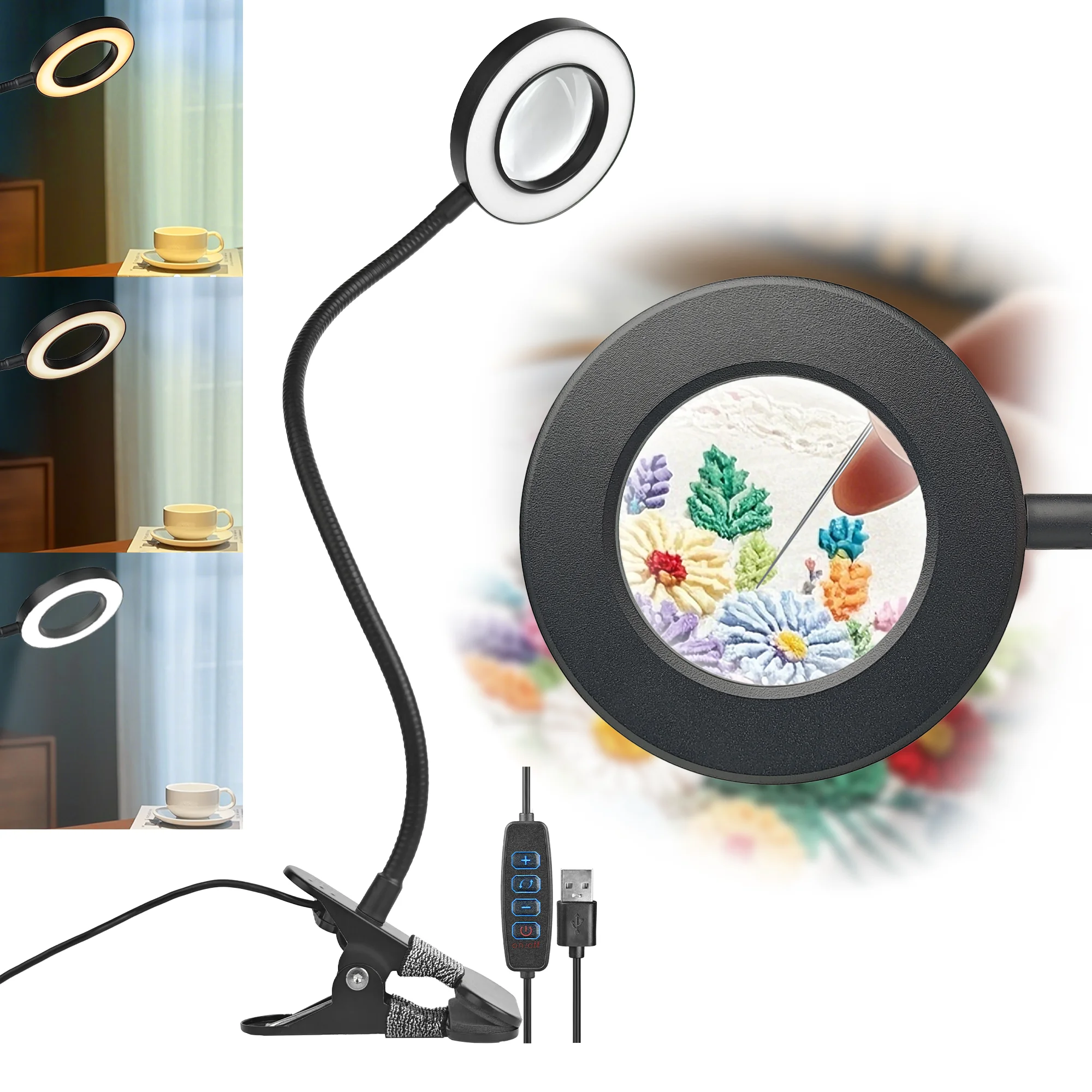 5X Magnifying Glass with Light and Stand, Dimmable LED Magnifier Desk Lamp with Clamp, 3 Color Modes & 10 Brightness, Flexible Gooseneck Task Light for Reading, Crafts, Sewing, Nail Art, Soldering