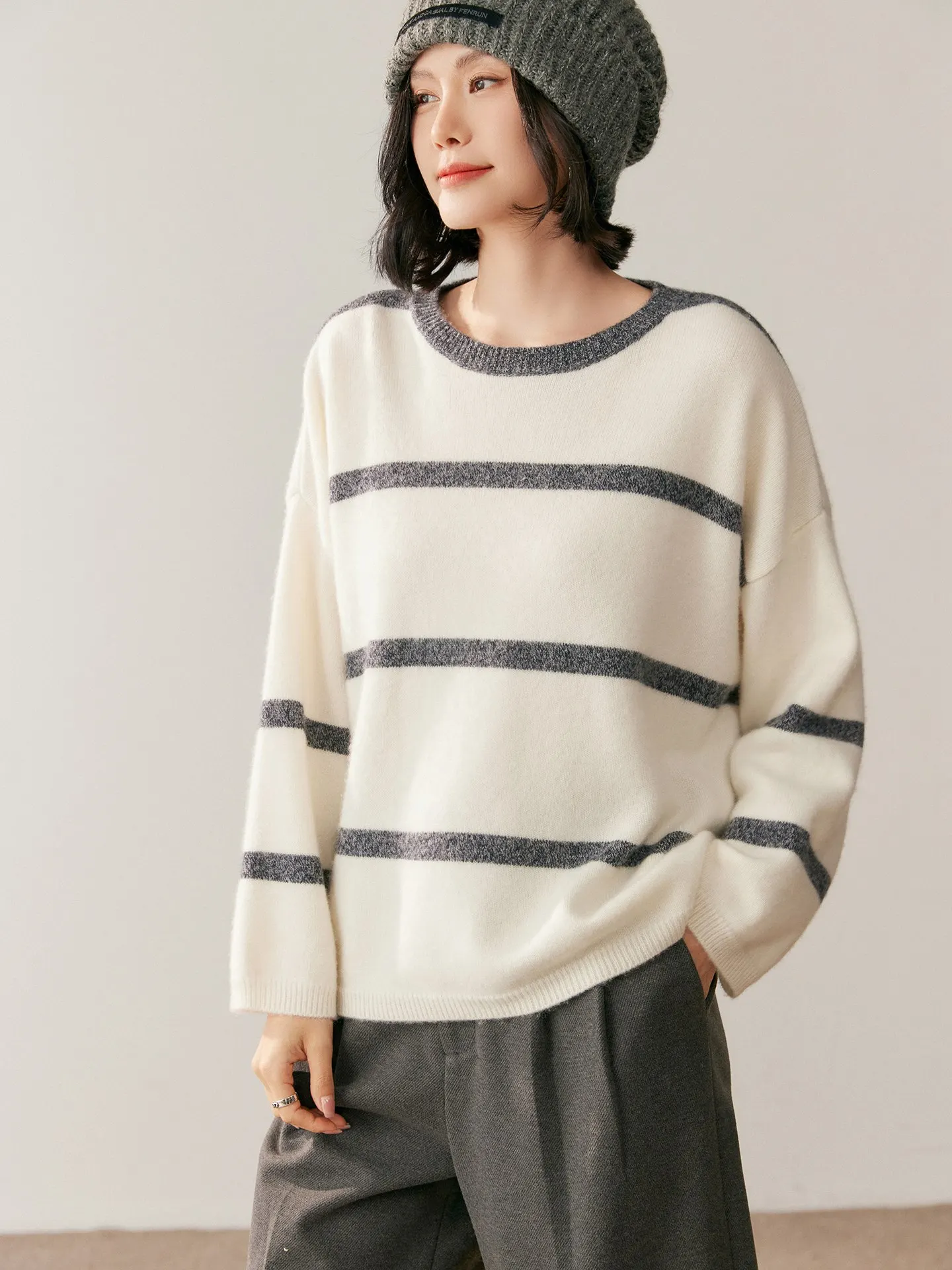

7GG Thick Cashmere Sweater Women's 100% Cashmere Contrast Color Striped Knitted Pullover Female Grace Soft Clothes Casual Tops