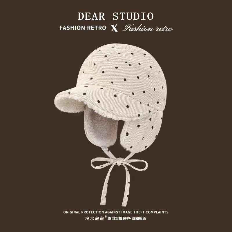 Women Polka Dot Corduroy Winter Bomber Hats Sherpa Fleece Lined Ear Protection Hat with Bow Tie‑String Warm Outdoor Caps for Men