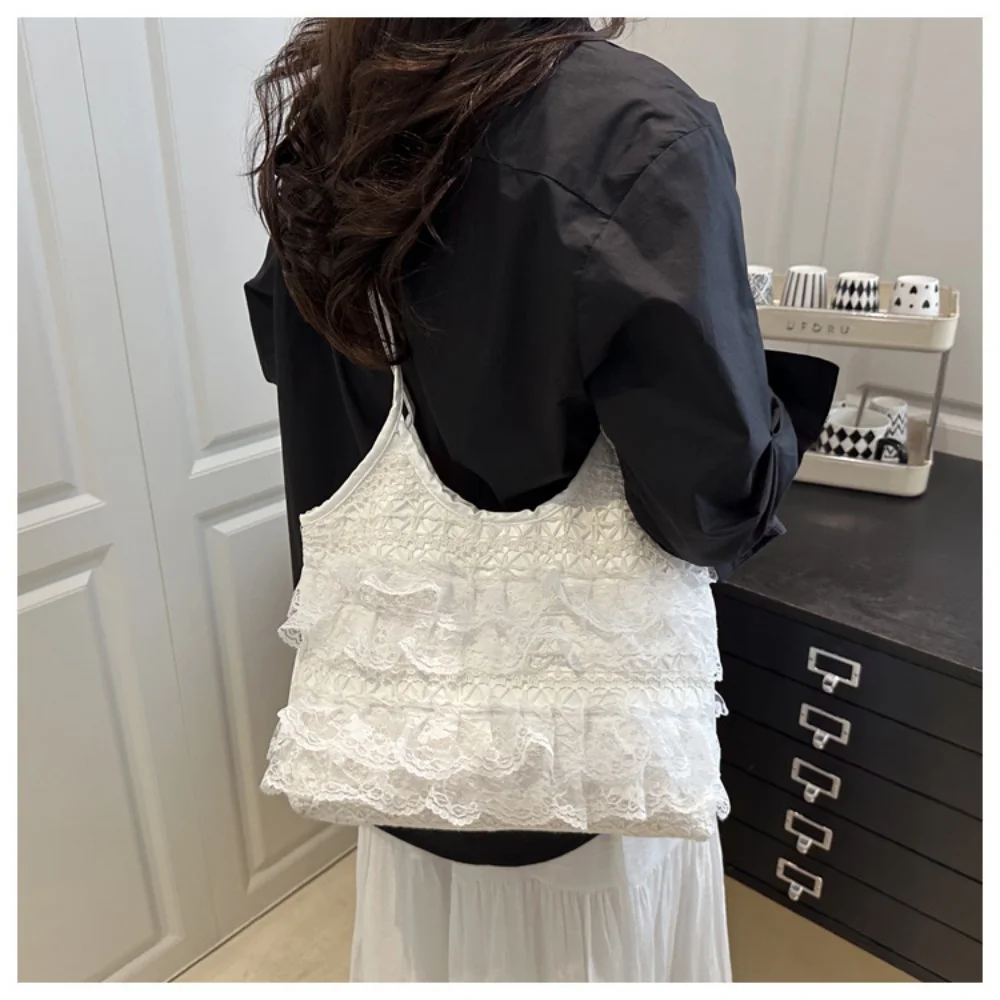

Elegant White Shoulder Bag Women Fashion Lace Frilly Underarm Bag Large Capacity Commuting Bag Casual Handbag Shopping Tote Bag