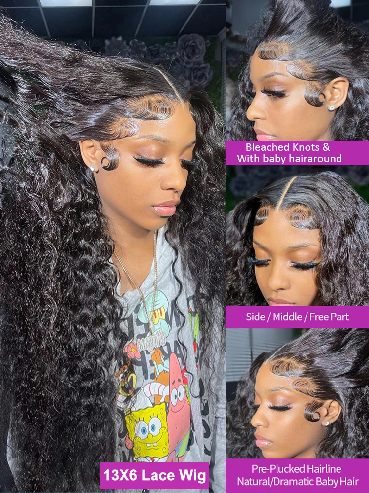 Perruque Lace Front Wig Deep Wave Naturelle Bouclée, Cheveux Humains, Transparent, 13x4, 13x6, HD, 40 Pouces, pour Femme