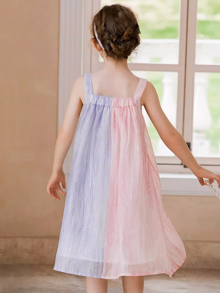 Baby Girls Summer Sleeveless Dresses Purple Pink Contrast Color Cute Kids Beach Folds Vest Dress 110CM 170cm Children Wear