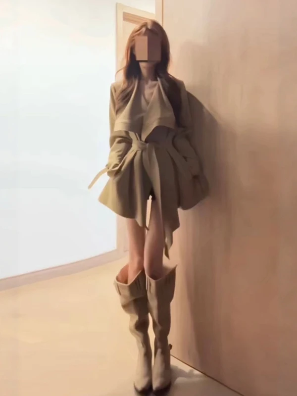 

Корейское длинное пальто с поясом, модная верхняя одежда средней длины, модная сезонная женская одежда на осень-зиму 2025 г.