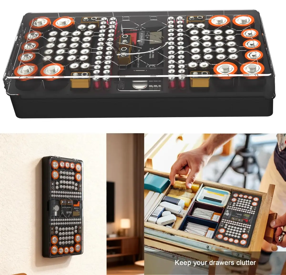 Battery Storage Box with Tester 136 Slots - Clear Lockable Case for AAA/AA/C/D/9V/Button Battery Home Garage