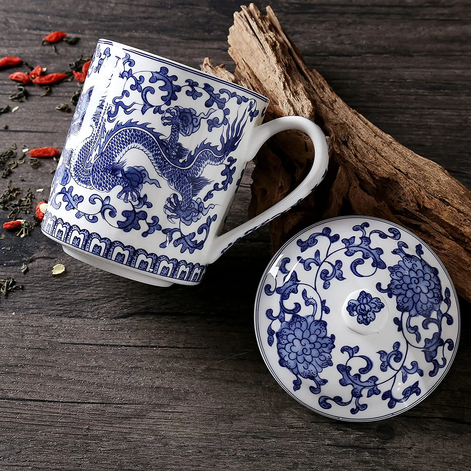 Blue And White Tea Cup With Lid Dragon Bone China Ceramic Cup Cover Jingdezhen Coffee Mug Handle 500ml Loose Leaf