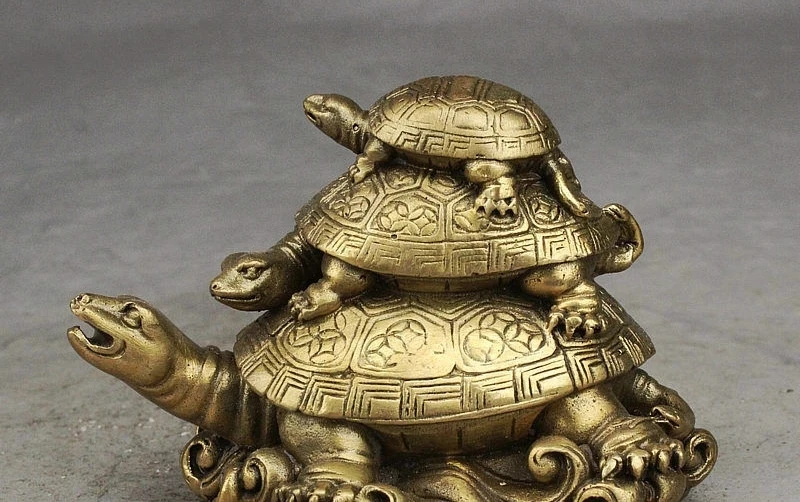 

hina Fengshui Brass Money Wealth longevity Fu 3 Turtle Tortoise Animal Statue