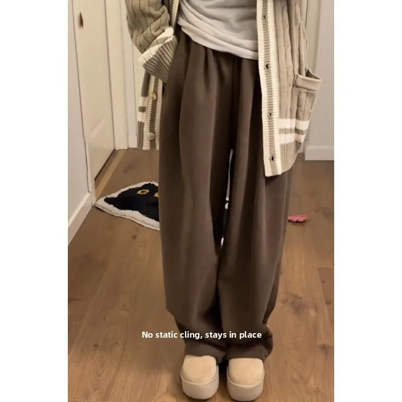 Pantaloni casual foderati in Fce a vita alta Pantaloni a gamba larga da donna Autunno Inverno Allentati Confortevoli Caldi Taglia piccola Drappeggiati Dritti L...