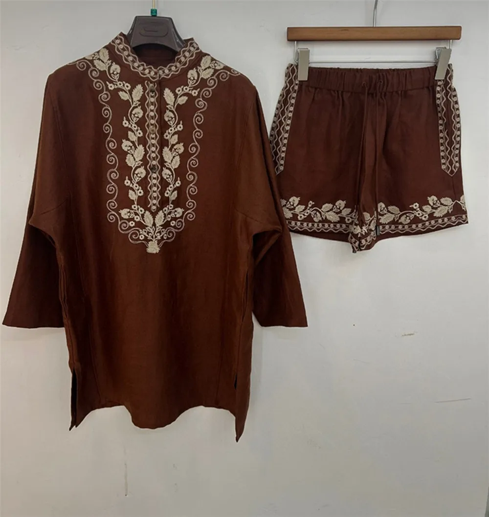 

Exquisite Embroidery Linen Long Sleeve Shirt + High Waist Shorts Suit