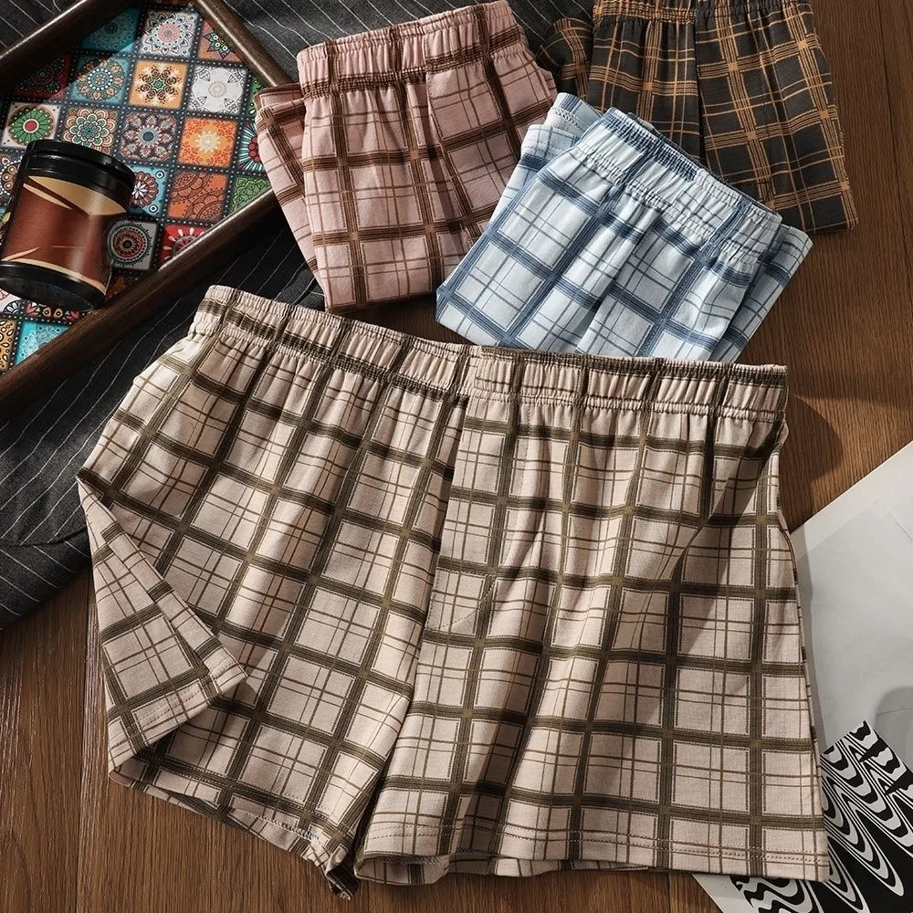 

Plus Size L-XXXXL Men's Boxer Briefs Elastic Waistband Fresh Mens Cotton Underwear Comfortable Breathable Plaid Beach Pants