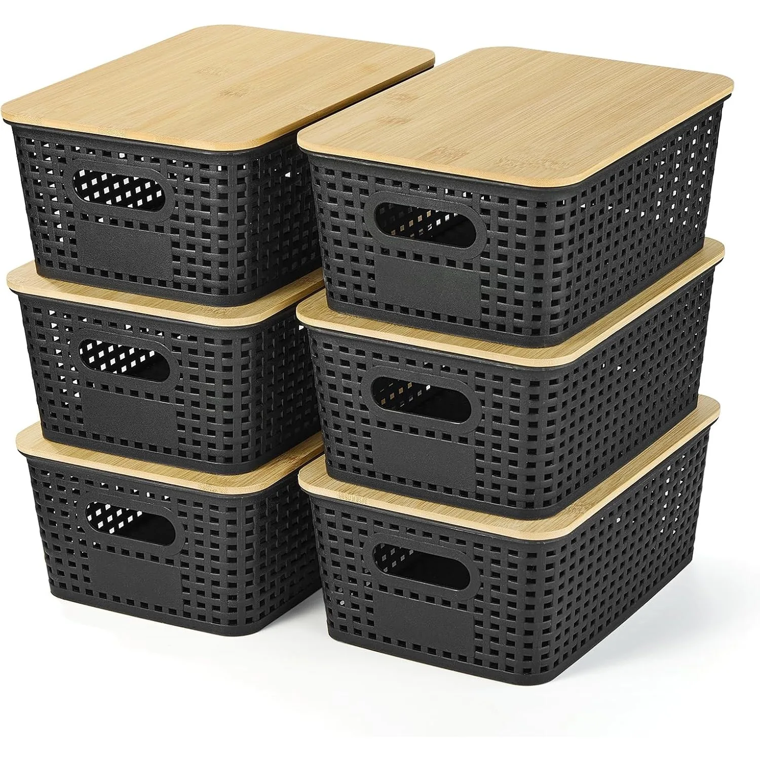 Plastic Storage Baskets With Bamboo Lid - Plastic Storage Containers Stackable Storage bins: Storage Baskets, 6 Pack