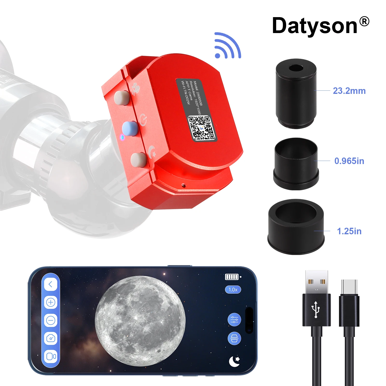 Datyson 2MP WiFi Electronic Camera – All-Metal Telescope & Microscope Adapter with Mobile App Support, 0.965
