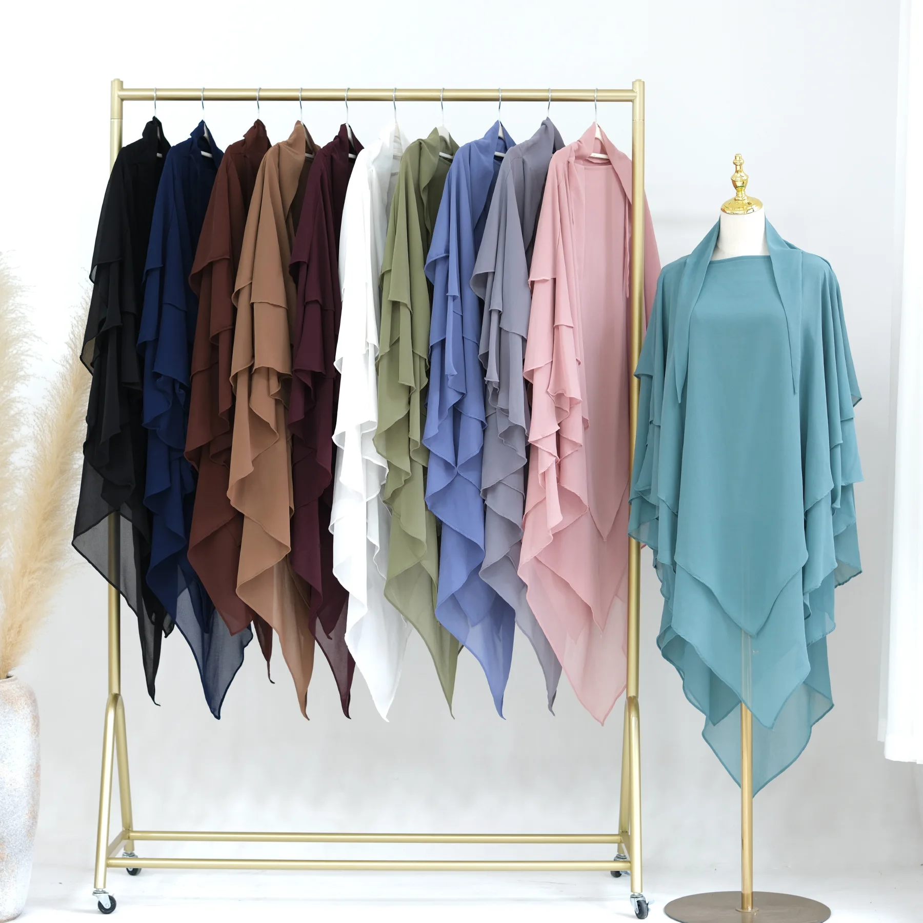 

Modest Muslim Women's Two-Layer Jazz Crepe Khimar Breathable Overhead Tie-Back Hijab Niqab Long for Jilbab Prayer